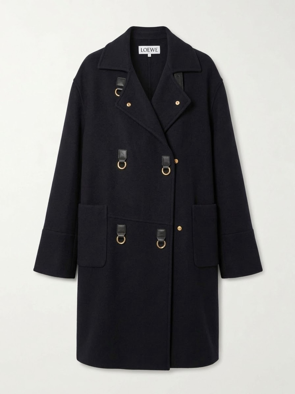 Loewe Black Wool Double-Breasted Pea Coat with Gold Hardware